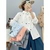 Women lapel leaf embroidery linen long sleeve shirt multi color loose casual bubble cuff button blousee