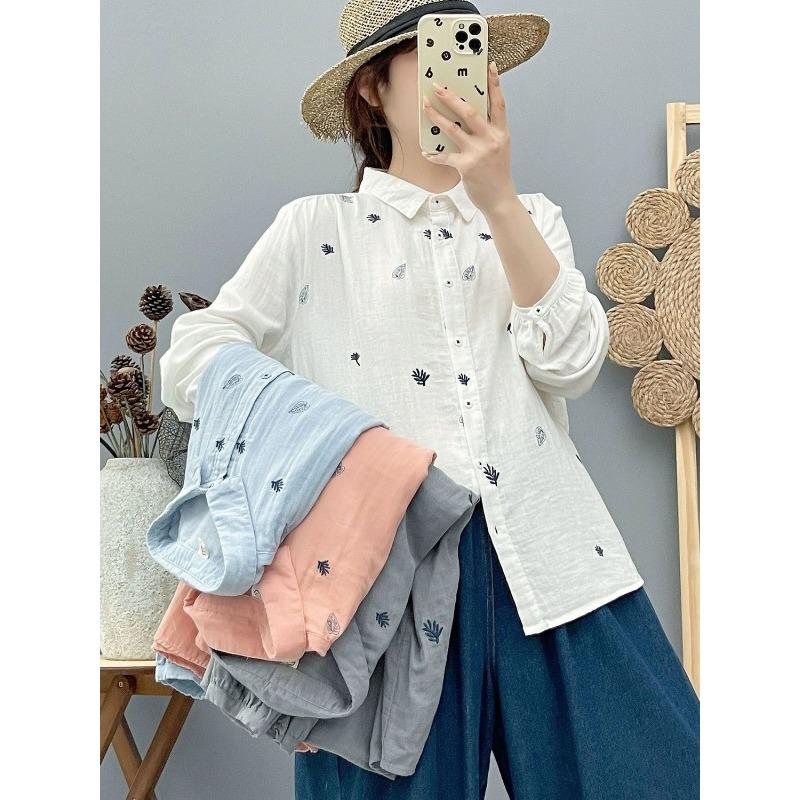 Women lapel leaf embroidery linen long sleeve shirt multi color loose casual bubble cuff button blousee