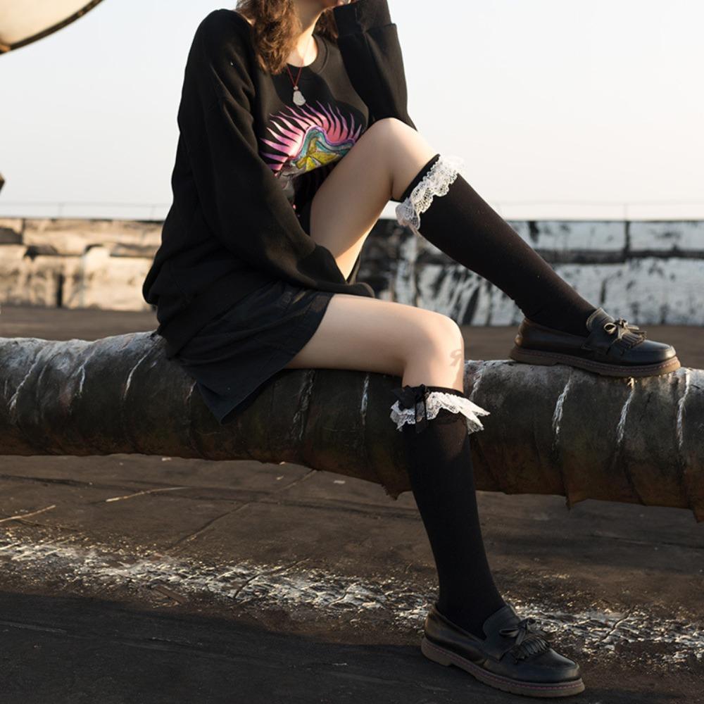 JK Hottie Lolita Socks Lace Calf Socks Lolita Medium Long Bow Cotton Socks Spring Autumn Winter