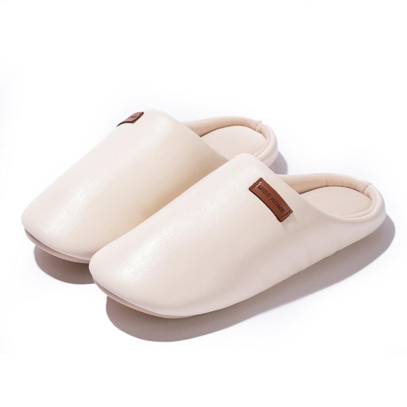 New Japanese-style PU leather silent home slippers autumn and winter couple home velvet warm non-slip cotton slippers