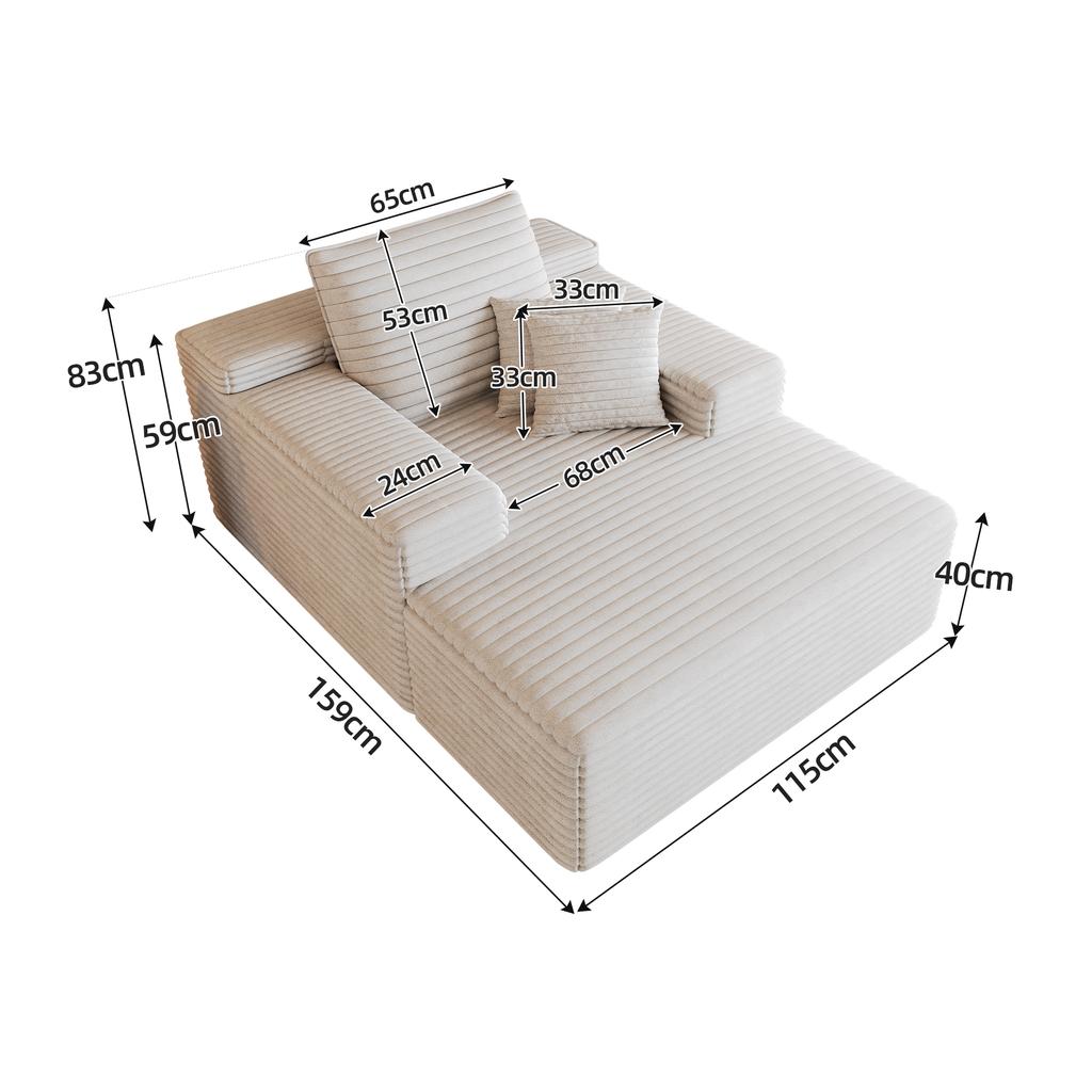 115*159cm, Comfortable Corduroy Sofa, Deep Seat, Boneless Modular, Sponge, No Assembly Required, Compression, Living Room, Bedroom, White