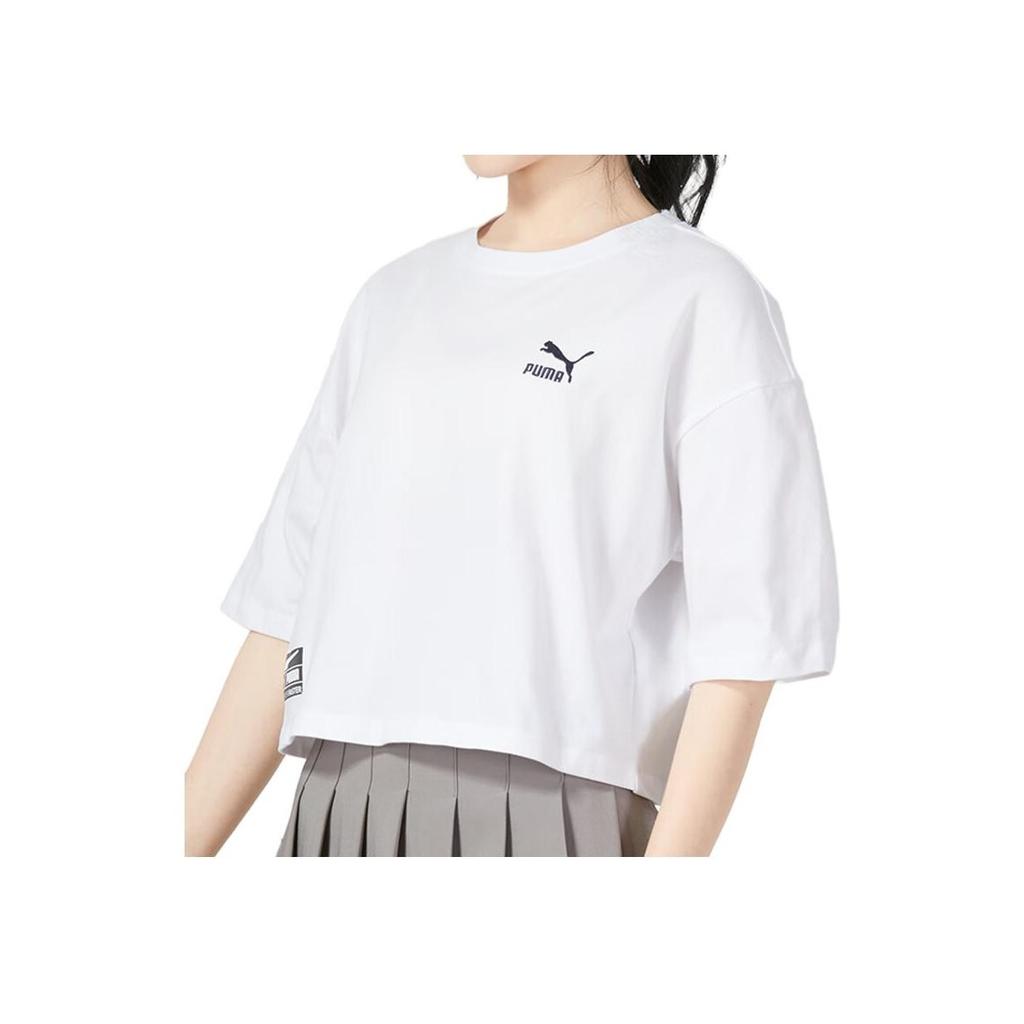 PUMA Letter Logo Print Round Neck Pullover Short Sleeve T-Shirt With Drop Shoulder Women Tops White 623253-02