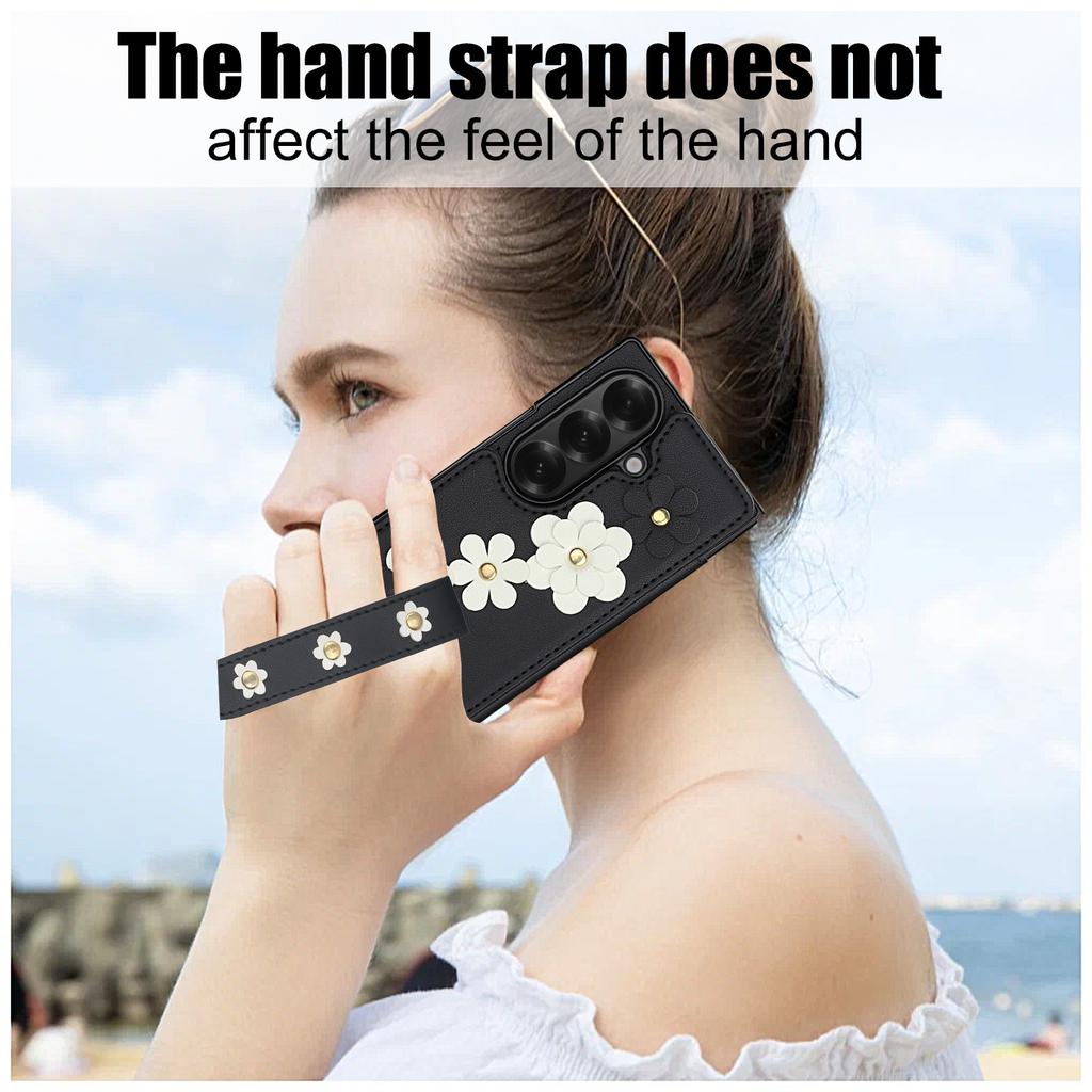 Crossbody Phone Case for Samsung Galaxy Z Fold 7 Fold 6 5 4 Flower Design Card Slot Flip Wallet Holder Hand Strap Leather Cover