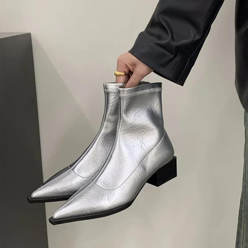 Pointed Toe Women Slim Ankle Boots Fashion Square Low Heel Ladies Elegant Back Zippers Short Booties Women'S Footwear