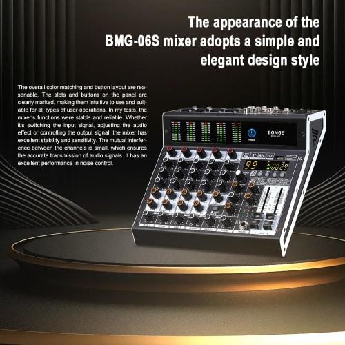 BOMGE Pro Mixer 6-Channel Mixer Console with 99 DSP Effects, +48V Phantom, Bluetooth, USB Interface, 2 AUX, and FX Processor for Studio Recording and
