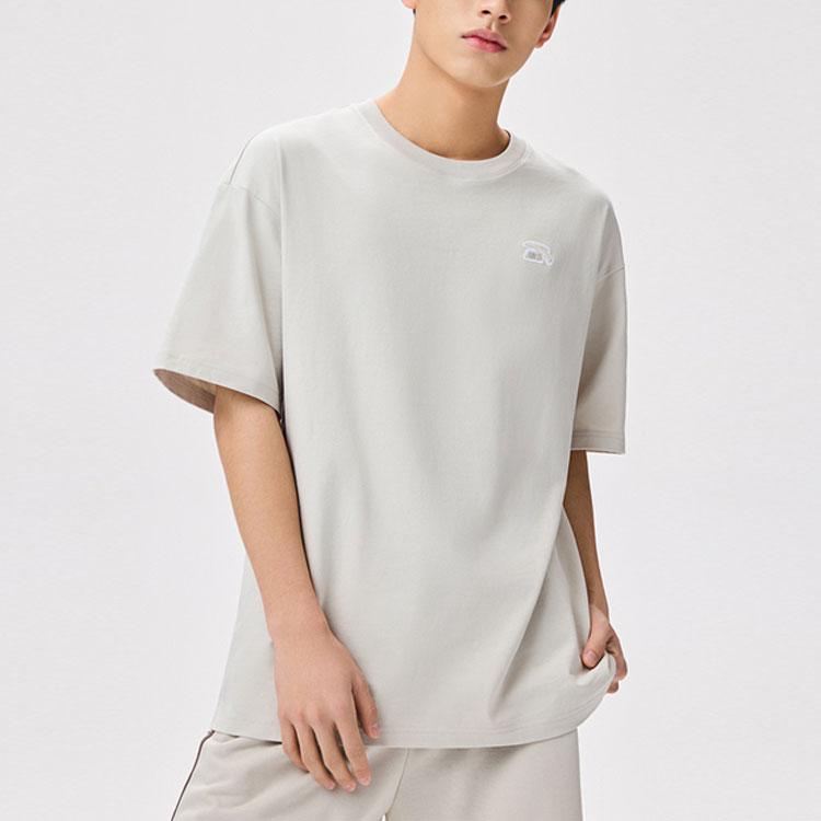 Anta Logo Pattern Round Neck Pullover Loose Short Sleeve T-Shirt Unisex Tops Beige 972328113-2