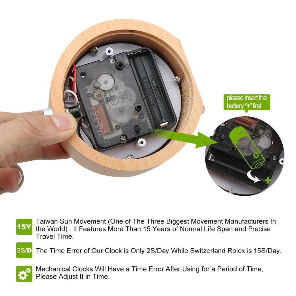 Wooden Clock Snooze Bedside Kids Alarm Circular Needle Backlight Desktop Clock Silent Wood No Ticking