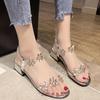 Rimocy Transparent Pvc Crystal Sandals Women Fashion Flowers Elastic Square Heel Shoes Woman Summer Open Toe Sandalias Mujer