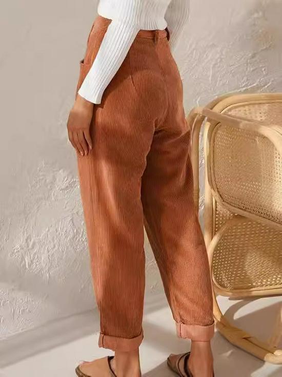 2024 Women's High-Waist Corduroy Autumn Pants - Solid Color, Loose Straight Leg