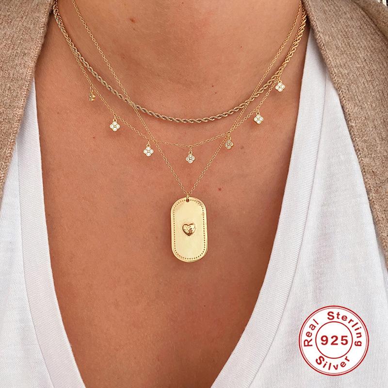 S925 Sterling Silver Four-Leaf Clover Diamond-Encrusted Small Accessories Stacked Collarbone Chain Necklace Women