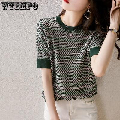 T-shirt à manches courtes et col rond pour femme, pull d'été en soie glacée tricoté, haut ample et amincissant, polyvalent