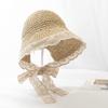 Women's Summer Lace Ribbon Straw Panama Hat Anti-UV Woven Cap with Ponytail Holder Sunshade Beach Outdoor Visor