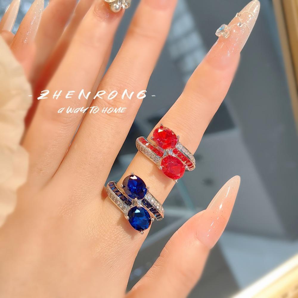 Vintage French Style Open Ring Red Corundum High Carbon Blue Spinel Women Jewelry