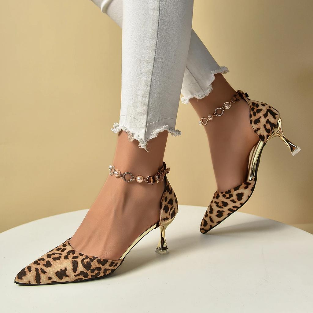 Women Sandals Large Size New Sexy European and American Strap Hollow Sandals Women Leopard Print High Heels Shoes for Women