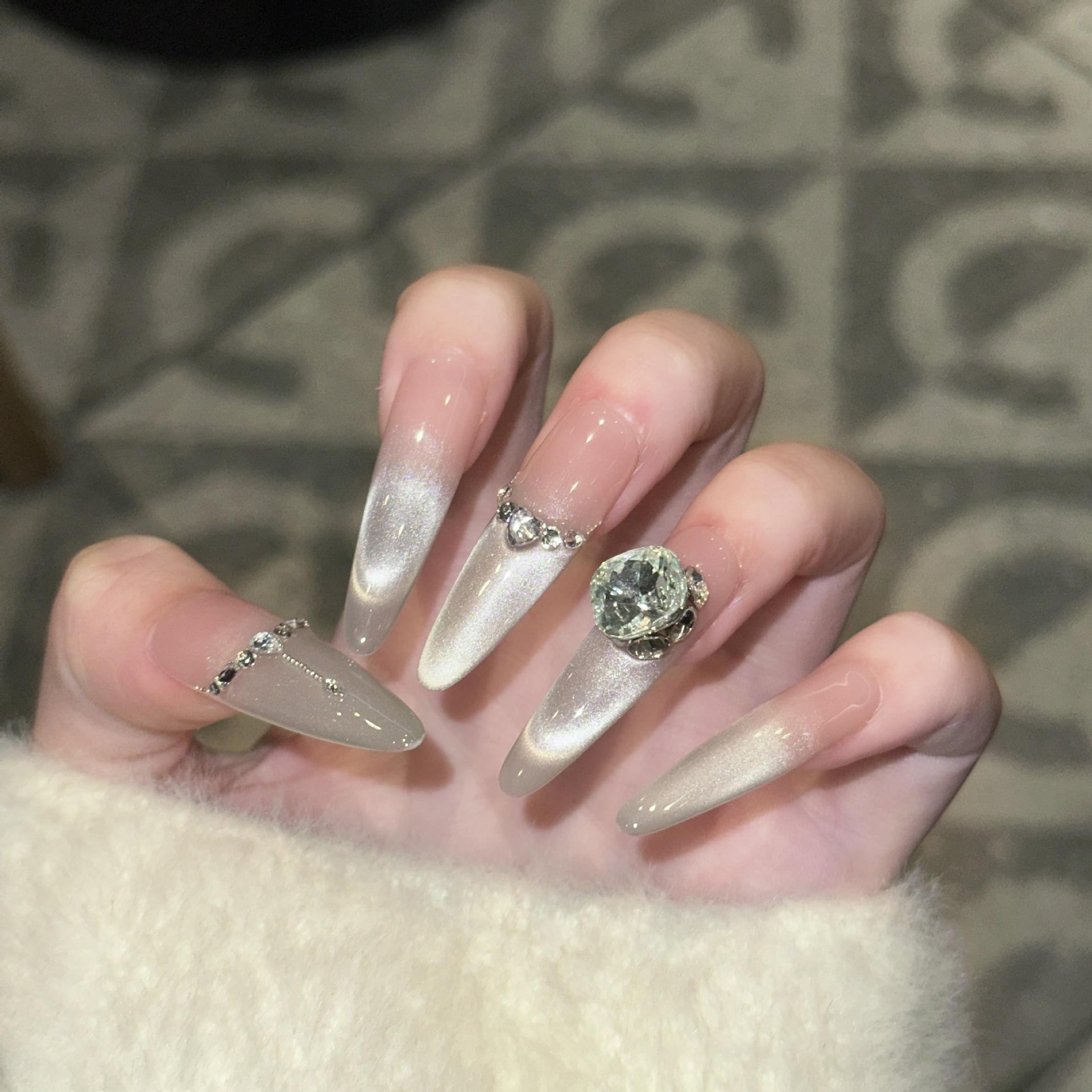 

Dairison Oasis Cat Eye Flashing Diamond Nude French Nails - Pure Handmade Art. Medium