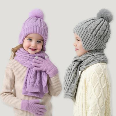 3Pcs/Set Kids Hat Scarf Glove Set Plush Ball Decor Twist Texture Knitting Hat Long Scarf Winter Gloves Set Winter Accessories