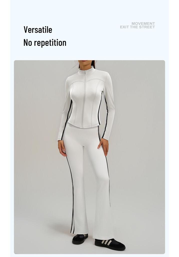 Women's Autumn & Winter Stand-up Collar Yoga Jacket, Waist-cinching Slim Fit, Long-sleeve, Outdoor Sports, Double-stitched Color-block Design.