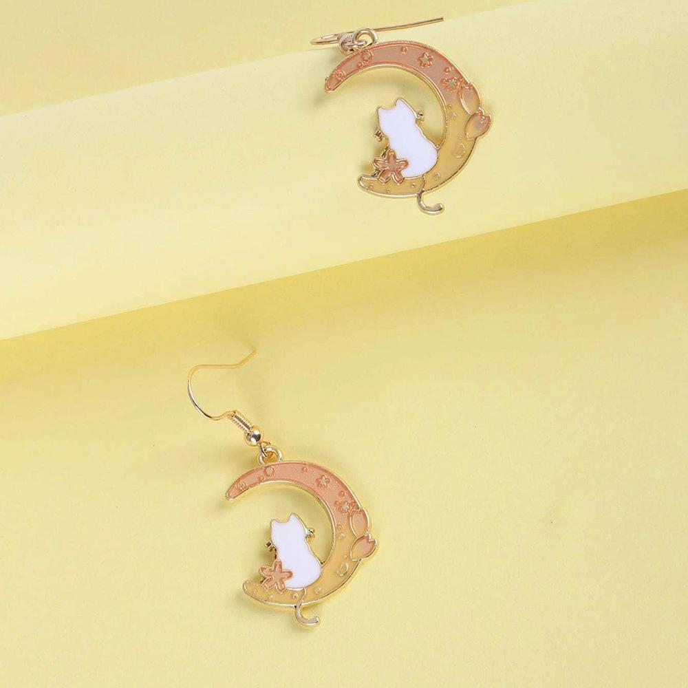 Cute Moon Cat Personality Girlish Temperament Flower Crescent Earrings