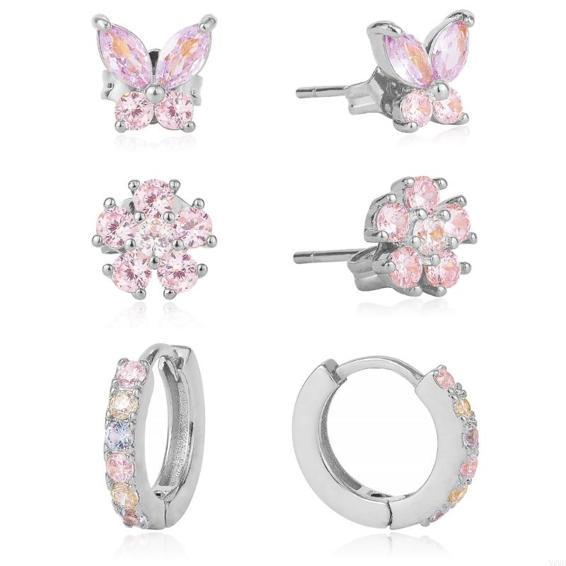 6PCS Stainless Steel Zircon Flower Pendant Hoop Earrings Set for Women Simple Butterfly Cartilage Earring Piercing Jewelry