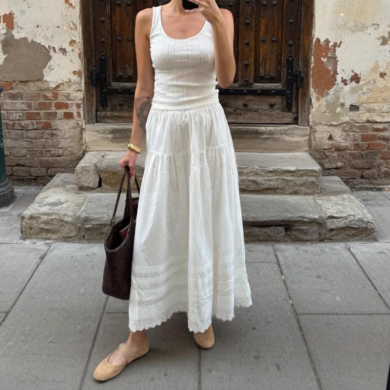 

Summer Women Skirts Vintage High Waist Elastic Chic Long Cake A-line Skirt Streetwear Holiday Loose Straight Skirt For Y2K Style One Size білий