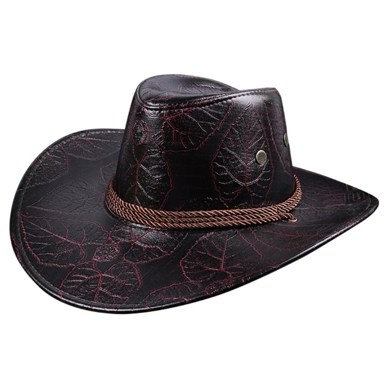 

Comfortable Vintage Sun Shield Hat Widen Brim PU Leather Hat for Men and Women Outdoor Activity Travel and Daily Wear червоний/коричневий