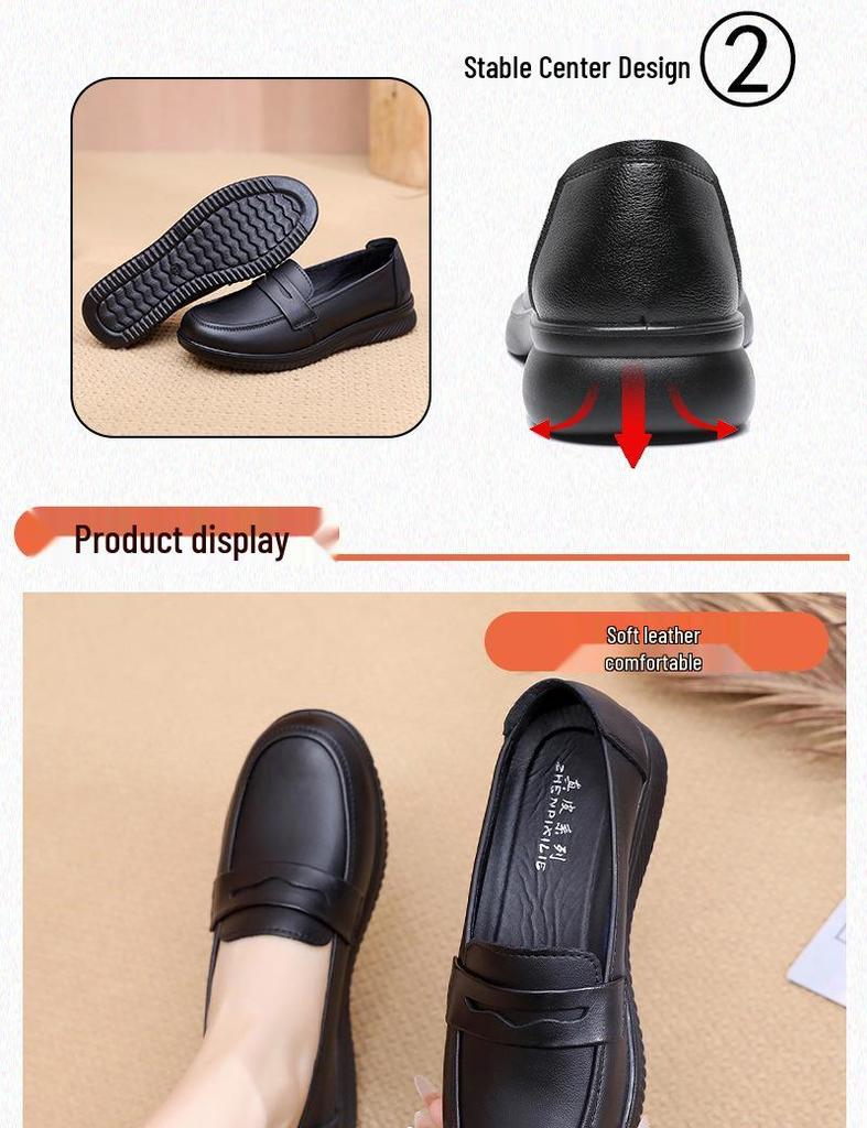 Chaussures de travail antidérapantes en cuir véritable pour maman - Noir, Semelle plate, Douces et confortables pour rester debout toute la journée
