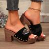 2025 New Women Thick-Soled Slippers Fashion Rivets Luxurious Design Sandals Summer Casual Open-Toe Wood-soled High Heels Zapatos