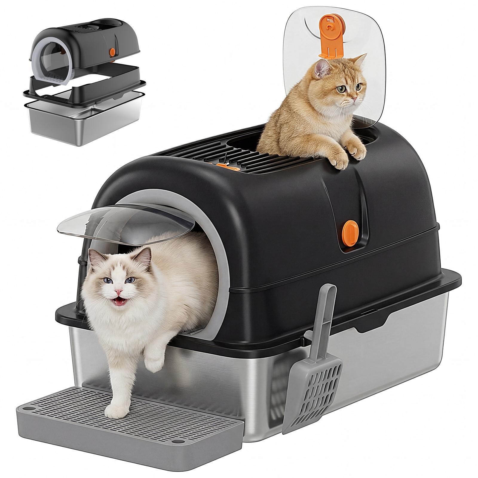 JHK 24IN Stainless Steel Cat Litter Box with Fully Enclosed 30L Large Cat Litter Box for Big Cats Cat Box Scoop and Mat Included чёрный