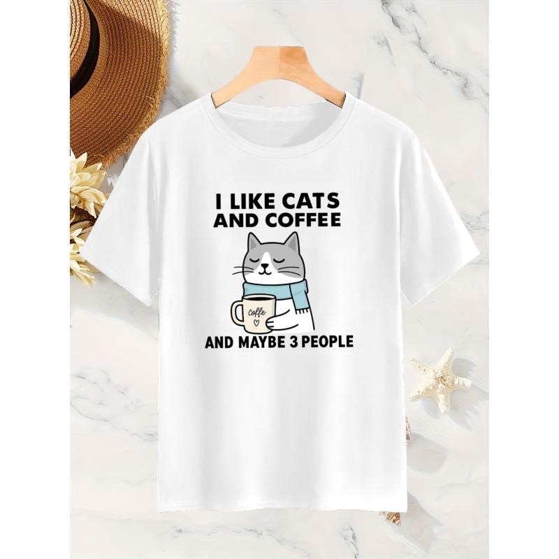 Women'S Cat And Coffee Pattern T-Shirt | Comfortable And Breathable Round Neck Short-Sleeved Casual Top, Simple Summer And Spring Women'S Clothing