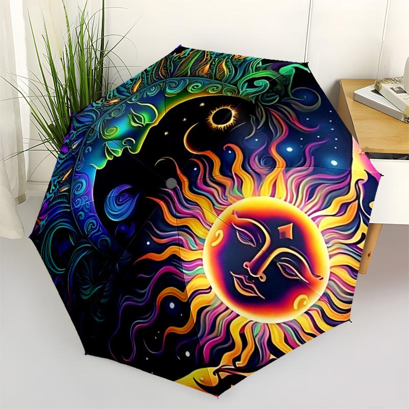 

1pc Sun Moon Yin Yang Print Automatic Umbrella Portable Home Essential Umbrella, Iron Umbrella Structure Suitable for All Seasons yy251123106