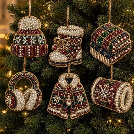 Seasonal Festive Hanging Decor 6 Pcs Christmas DIY Faux Pearl Painting Kit Ornaments, Rhinestone Art Party Decorative Supplies Tree Decoration