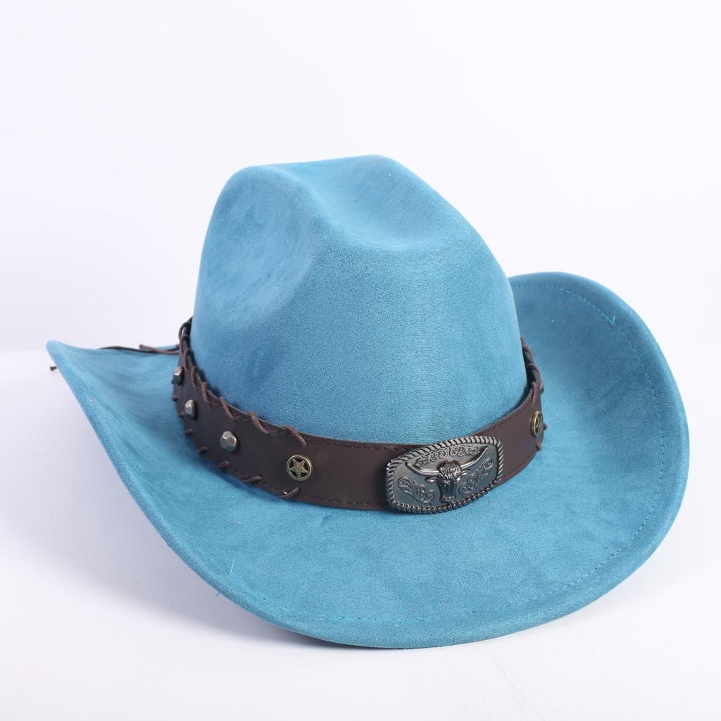 New western cowboy hat men's and women's wide-brimmed top hat bull head rivet belt buckle sun hat