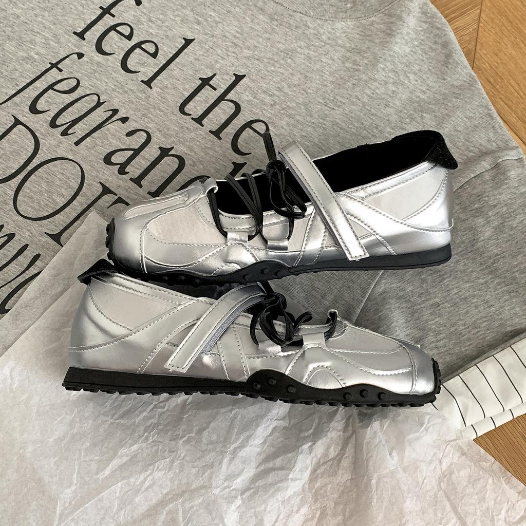 Silver retro flat bottom shallow mouth inner height increase German training shoes women's summer 2025 new ballet Mary Jane single shoes