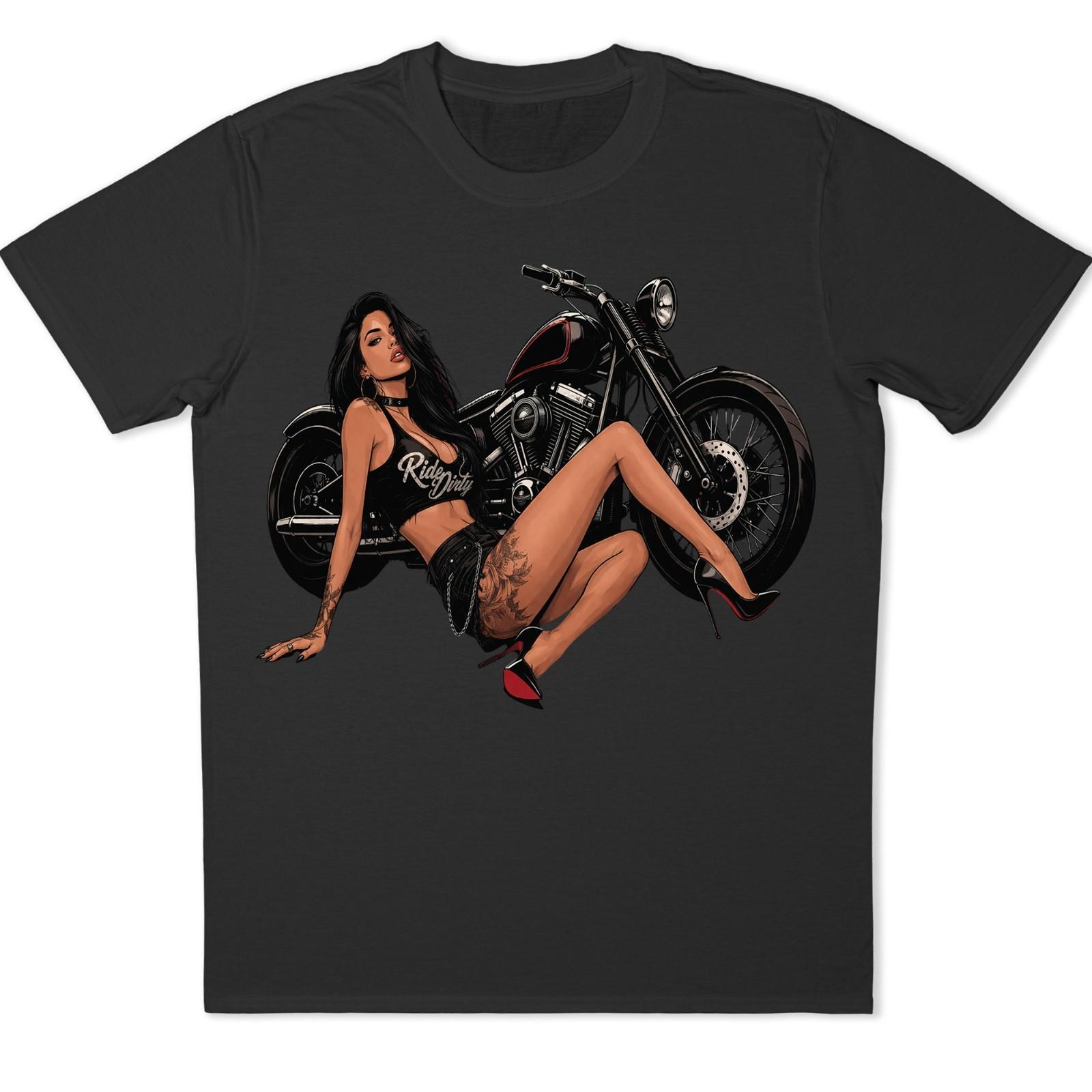 Ride Dirty Pinup Girl Biker T-Shirt Motorcycle Tattoo Babe Graphic Tee . XS