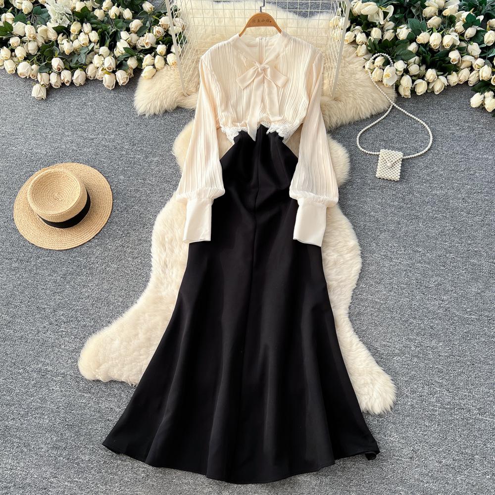 Light ripe style bow strap lantern sleeve top high waist A-shaped skirt women's commuting temperament two-piece set high sense