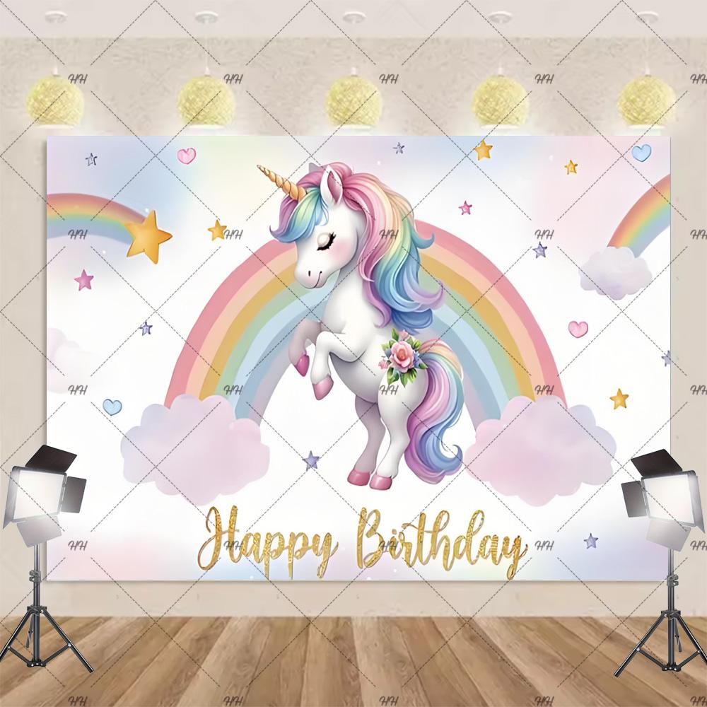 Cartoon Rainbow Unicorn Theme Princess Birthday Party Decoration Background Baby Shower Backdrop Photozone Studio Prophoot Props