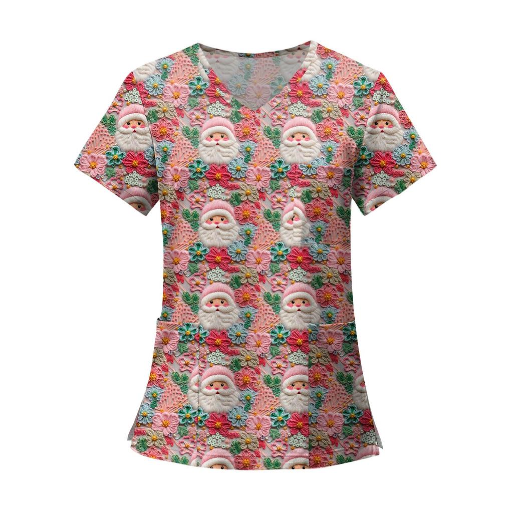 Women's Fashion Printed Short Sleeve V Neck Pattern Tops Pocket Working T-shirts