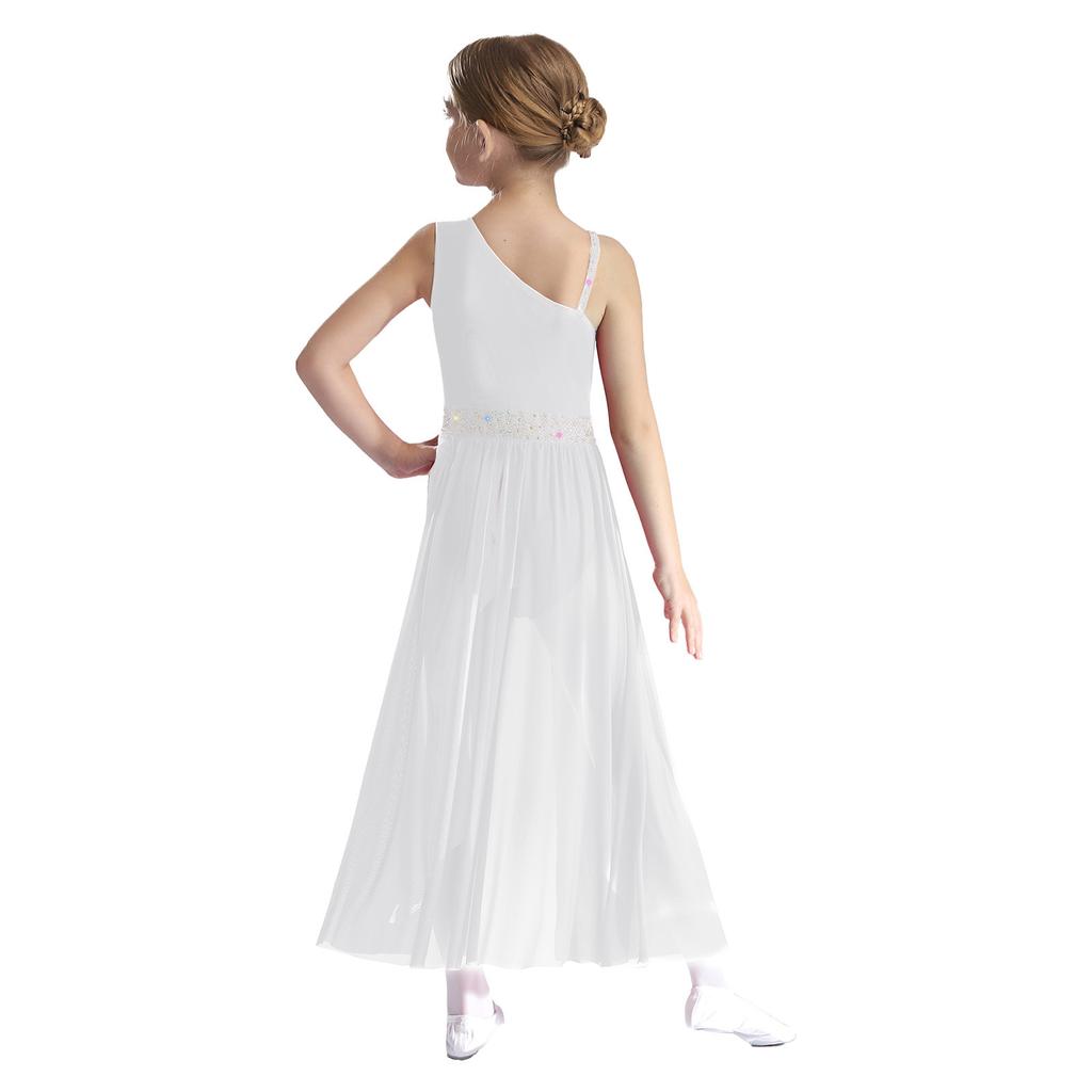 Girls Glittery Lyrical Dance Costume Colorful Rhinestones Asymmetrical Shoulder Sleeveless Sheer Mesh Skirted Leotard