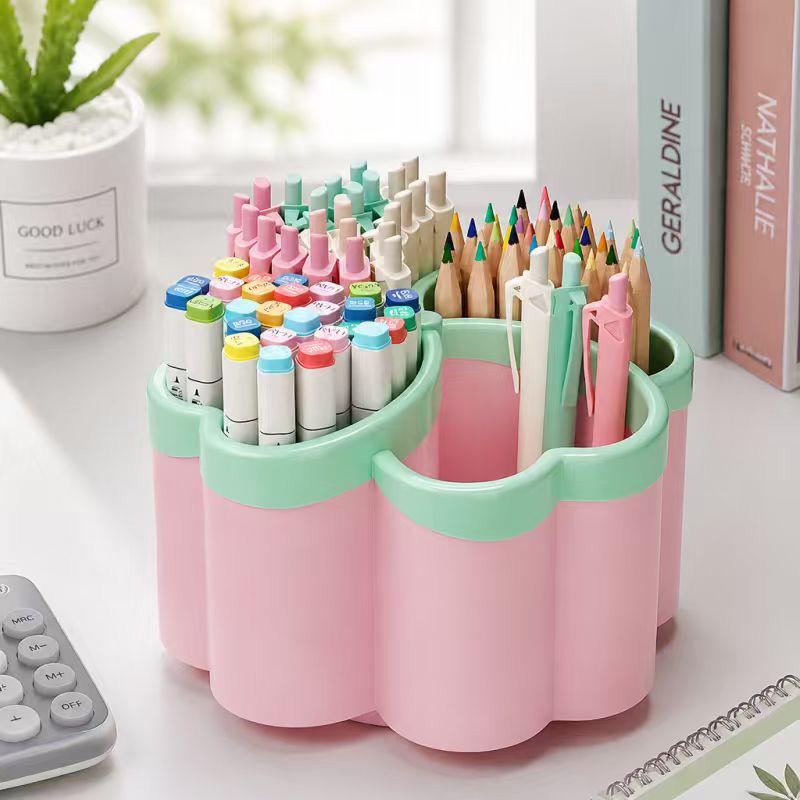 Brand new thickened rotating pen holder with 360° rotation feature - 4 large storage compartments, available in 3 colors, space-saving design розовый