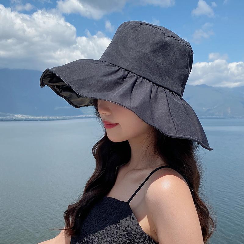 Sunscreen visor hat women's summer vinyl empty top sun hat light big brim face covering foldable bucket hat