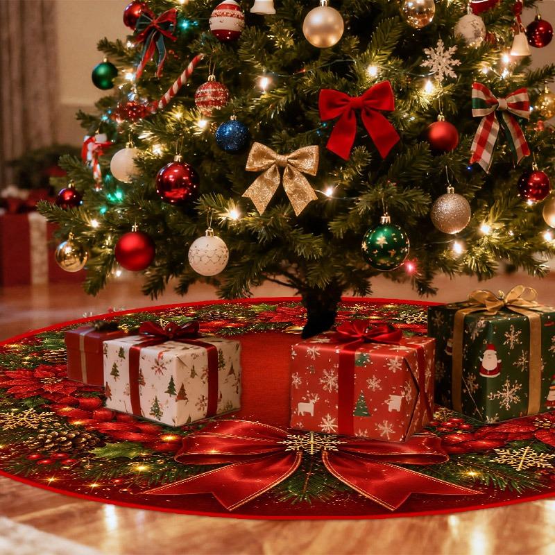 Red Bow Christmas Tree Skirt,Round Non‑Slip Floor Mat,Poinsettia Pinecone Bell Xmas Carpet for Holiday Home Decor Rug