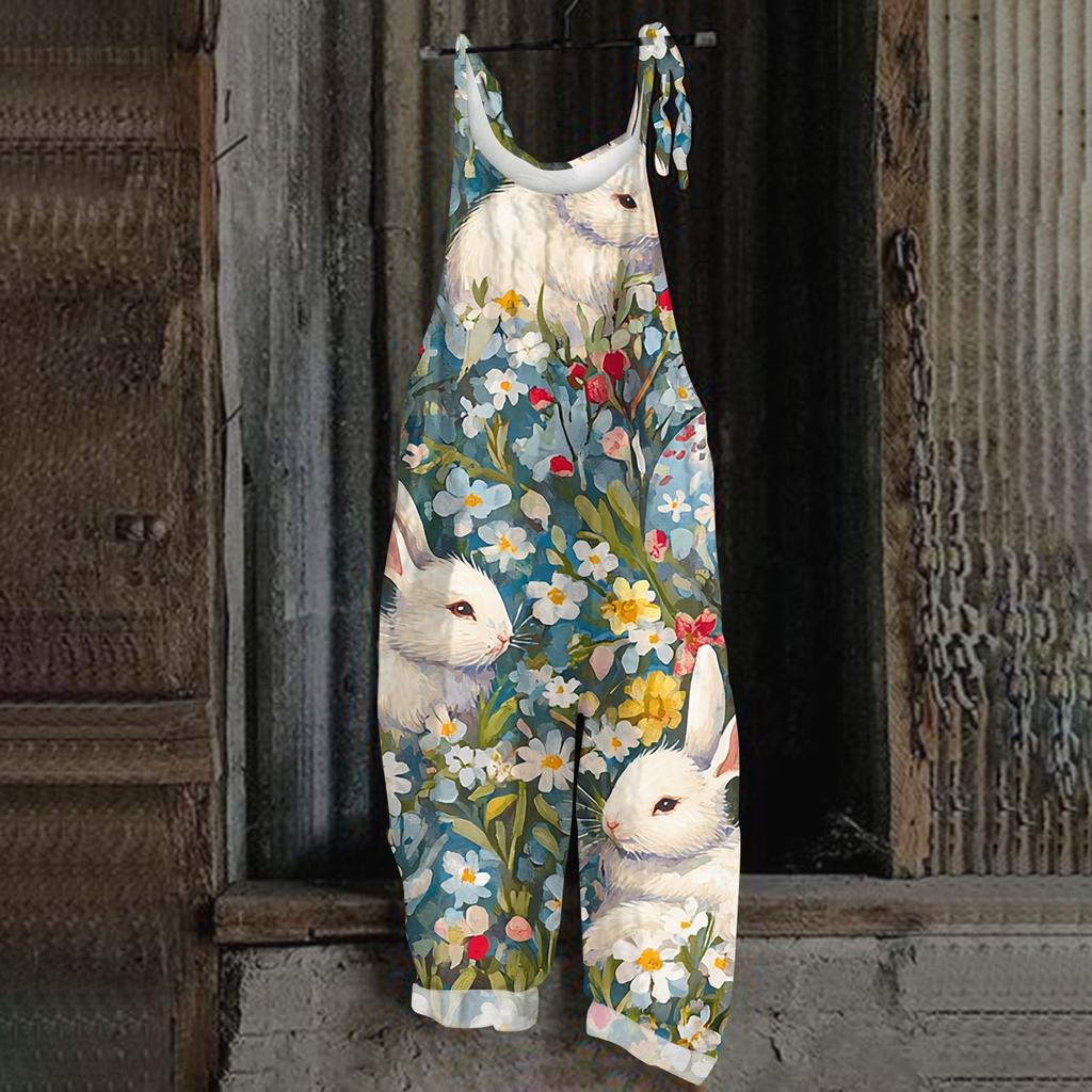 Women's Romper Print Casual Loose Cotton Linen Overalls