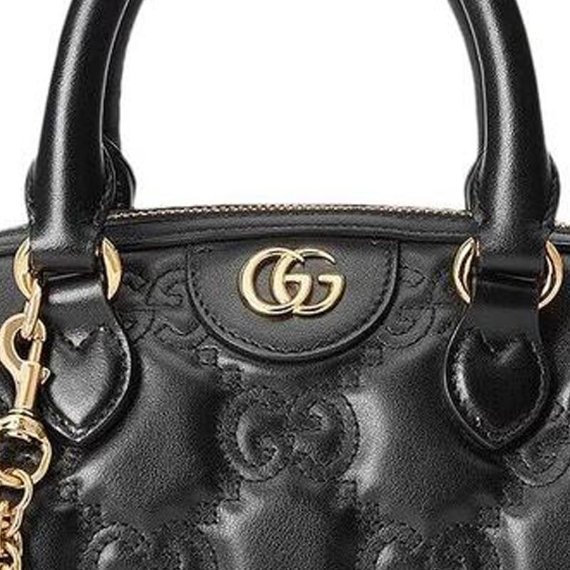 Gucci GG Matelassé Gold Logo Studded Design Canvas Shoulder Strap Leather Handle Boston Bag Small Women bags Black 727793-UM8HG-1046