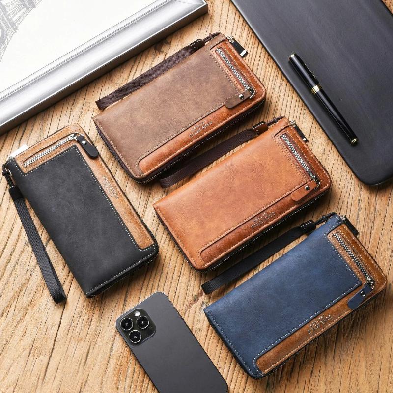 Portafoglio da Uomo Retro Lungo Grande Capacità Pelle Nabuk Fermasoldi Multi Posizione per Carte Borsa con Cerniera Borsa per ID Portamonete Multifunzionale