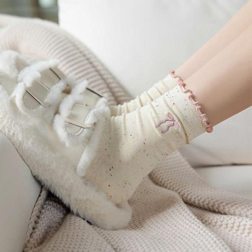 5Pairs Embroidery Ruffled Socks Women Cat Mid-calf Cotton Socks Sweet Bowknot Sock  Women's