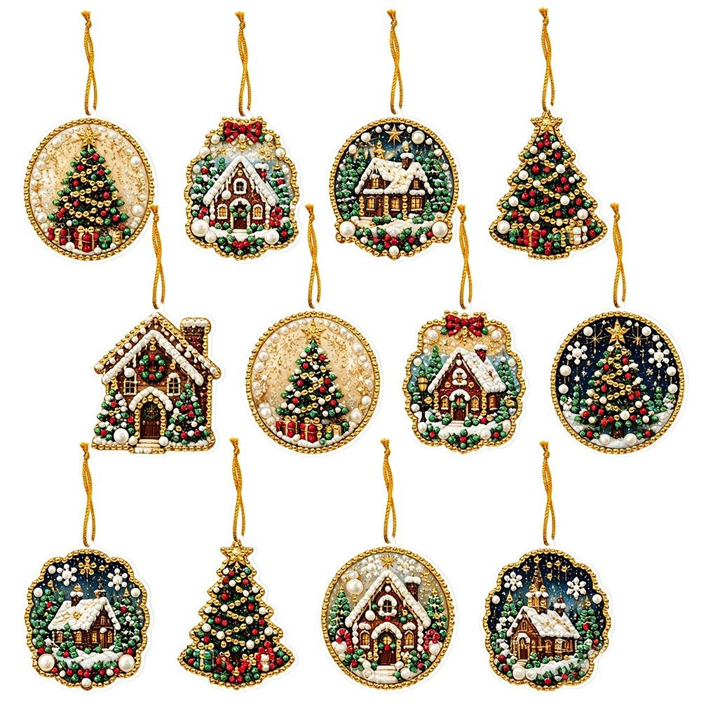 12pcs Christmas Hanging Ornaments Acrylic Board Rhinestone Decoration Set Fireplace Wreath
