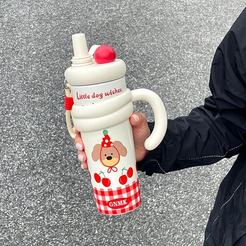 Cute Vacuum Thermos Bottle Double Wall Insulated Straw Tumbler Leakproof Tumbler with Handle Thermos for Car Camping Drinkware