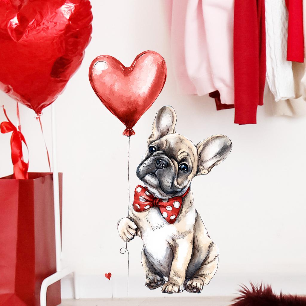 Aquarell Valentinstag Hund mit Ballons Wandaufkleber Selbstklebend Abnehmbar für Schlafzimmer Wohnzimmer Eingangsbereich Heimdekoration