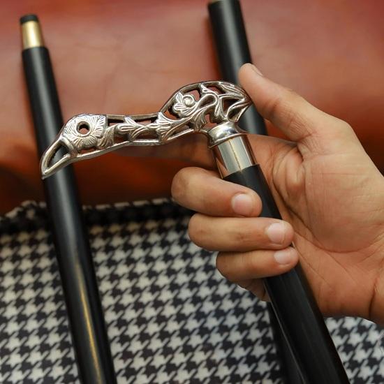 Bird Handle Walking Stick Silver Tone Carved Cane with Black Wooden Shaft Handmade Walking Cane Gift for Men, Collectors