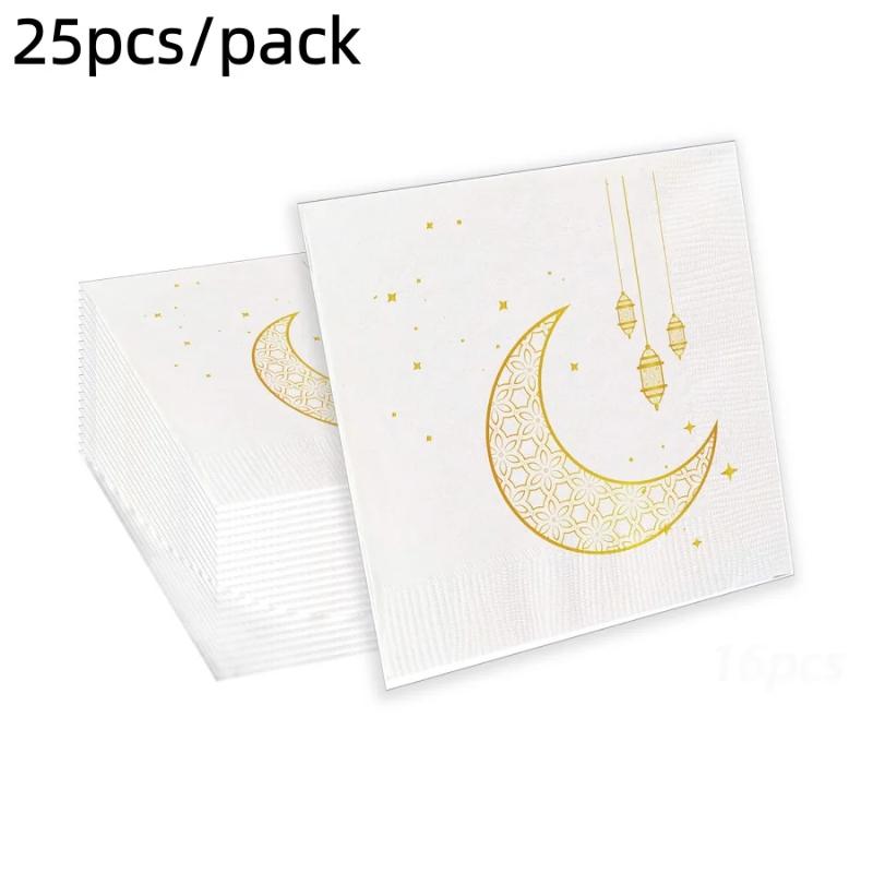25 Stück Naher Osten Eid al-Fitr Arabisch Ramadan Goldbedruckte Mond Öllampe Servietten Party Tischdekoration Einweg Doppel